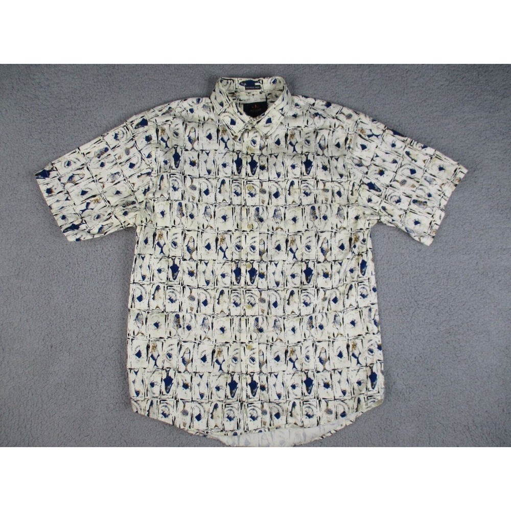 Ivy Crew Shirt Mens Large Beige Blue Fish Outdoor Button Down Short Sleeve - Picture 1 of 11